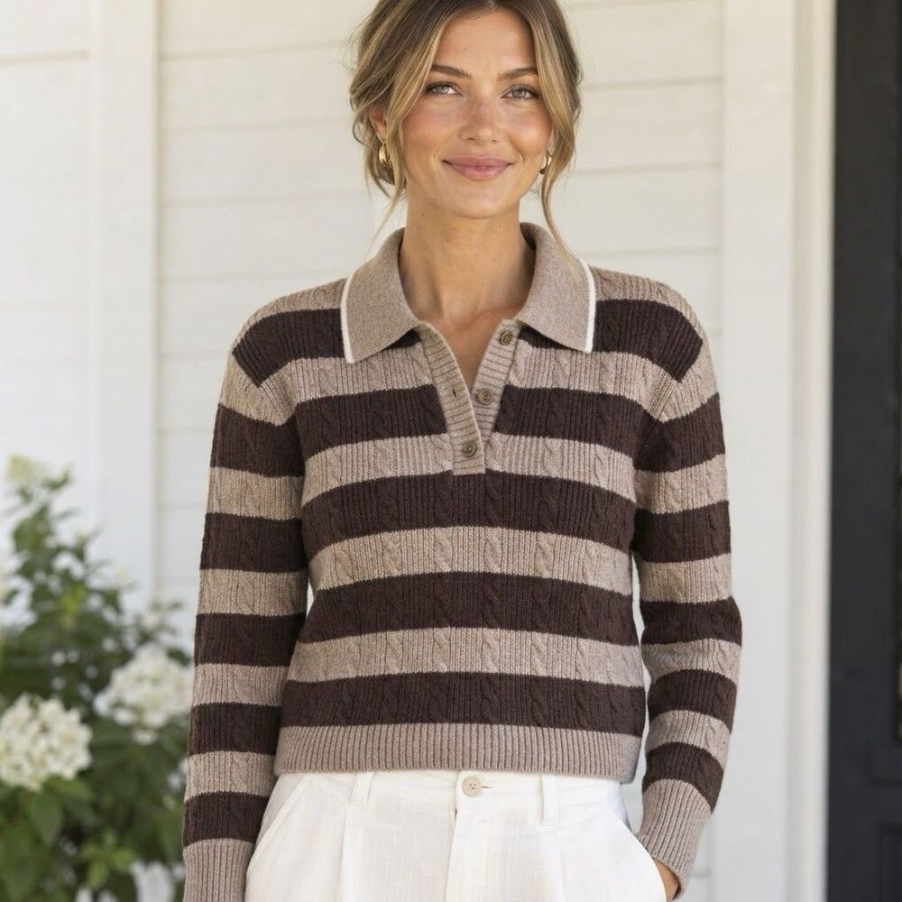 Caroline Constas Sweater Sz L Stripe Polo Cable Knit Brown Tan Preppy Ivy NWT